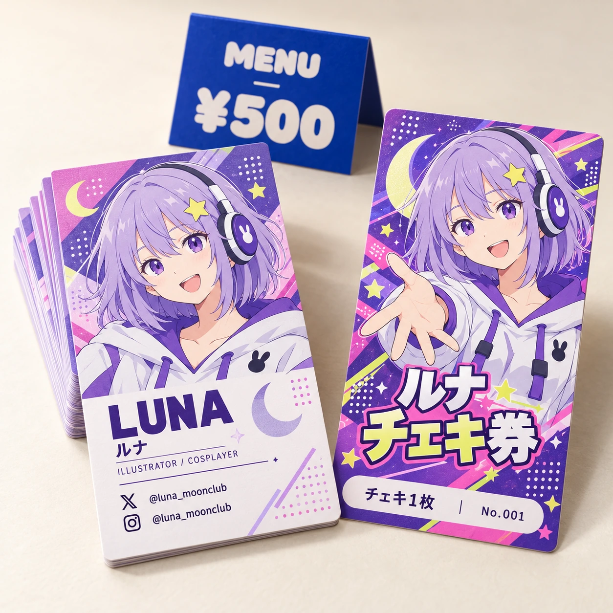 顔・SNS ID入りの縦型クリエイター名刺と、全面にキャラクターイラストを使ったルナのチェキ券の制作イメージ