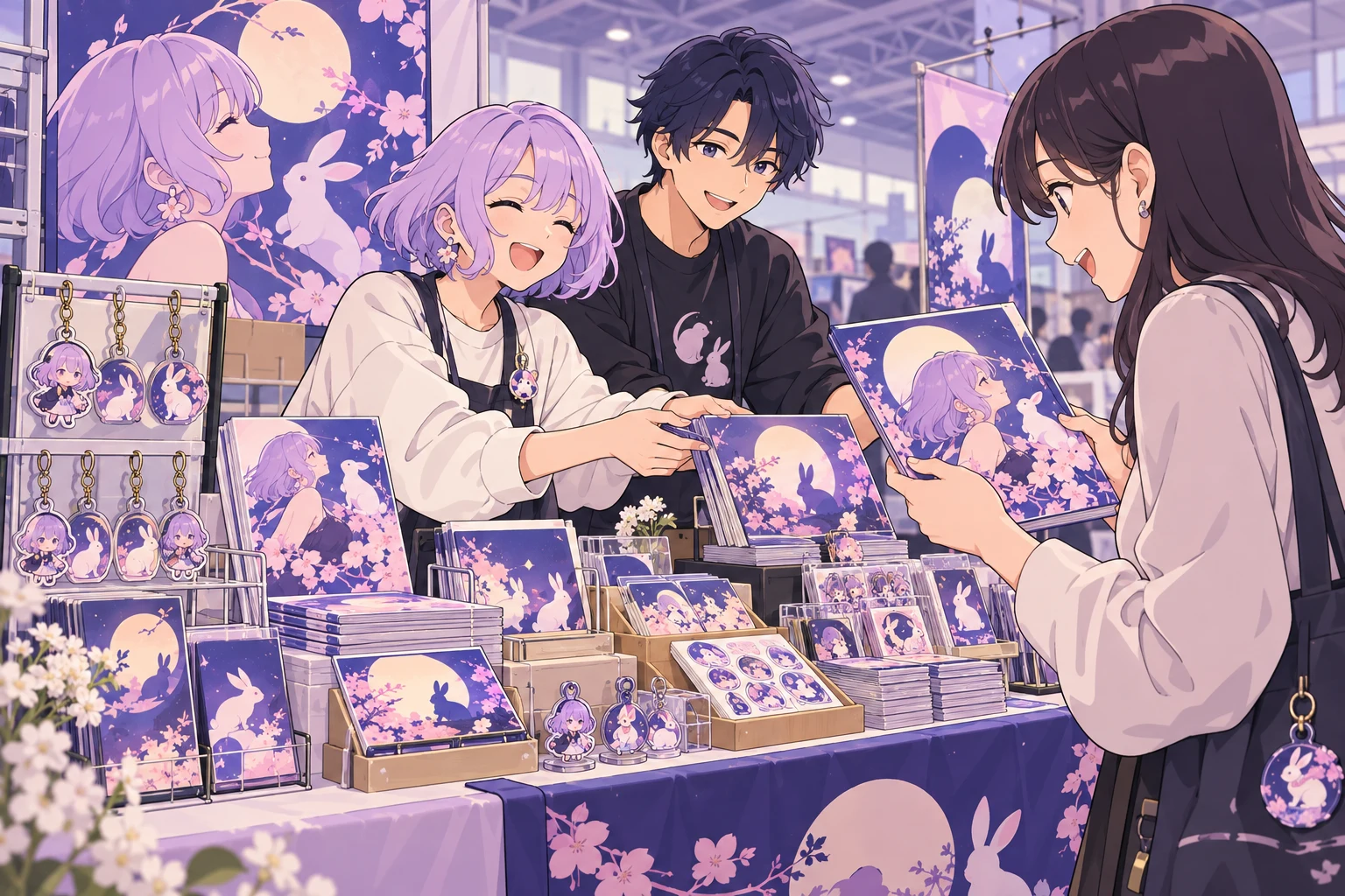 イベント当日、新刊やグッズを届けるクリエイターのイラスト
