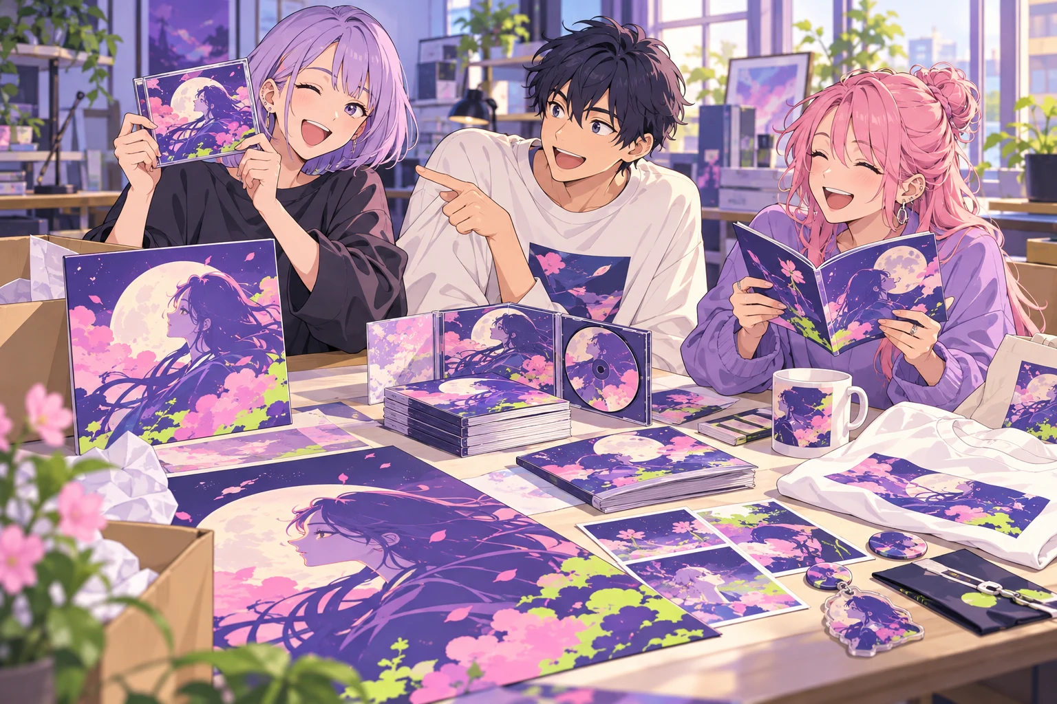 完成したジャケットやグッズを囲んで、仲間と喜ぶクリエイターのイラスト