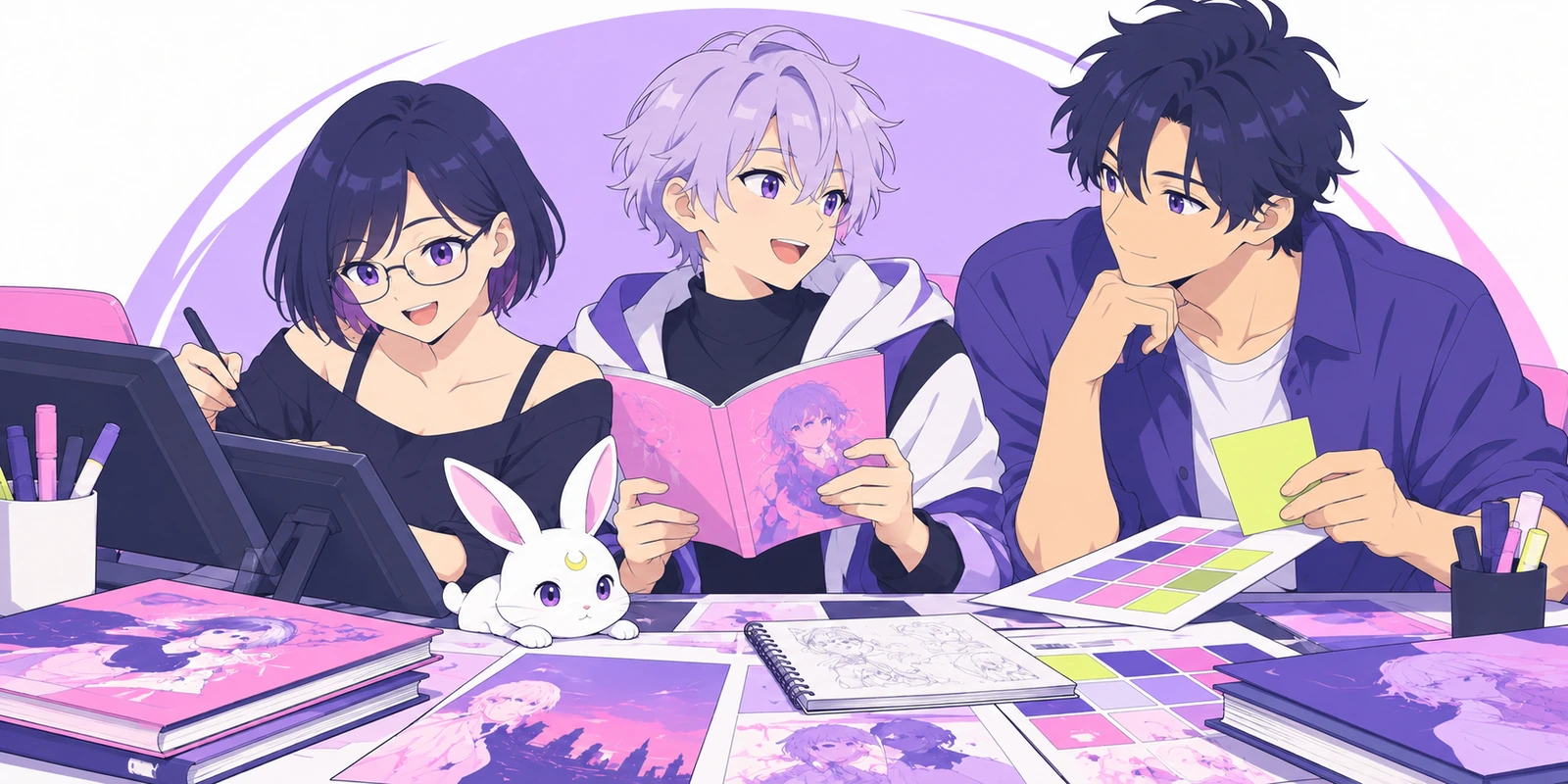 得意分野の異なるデザイナーが、ラフや色見本を見ながら制作を進めるイラスト